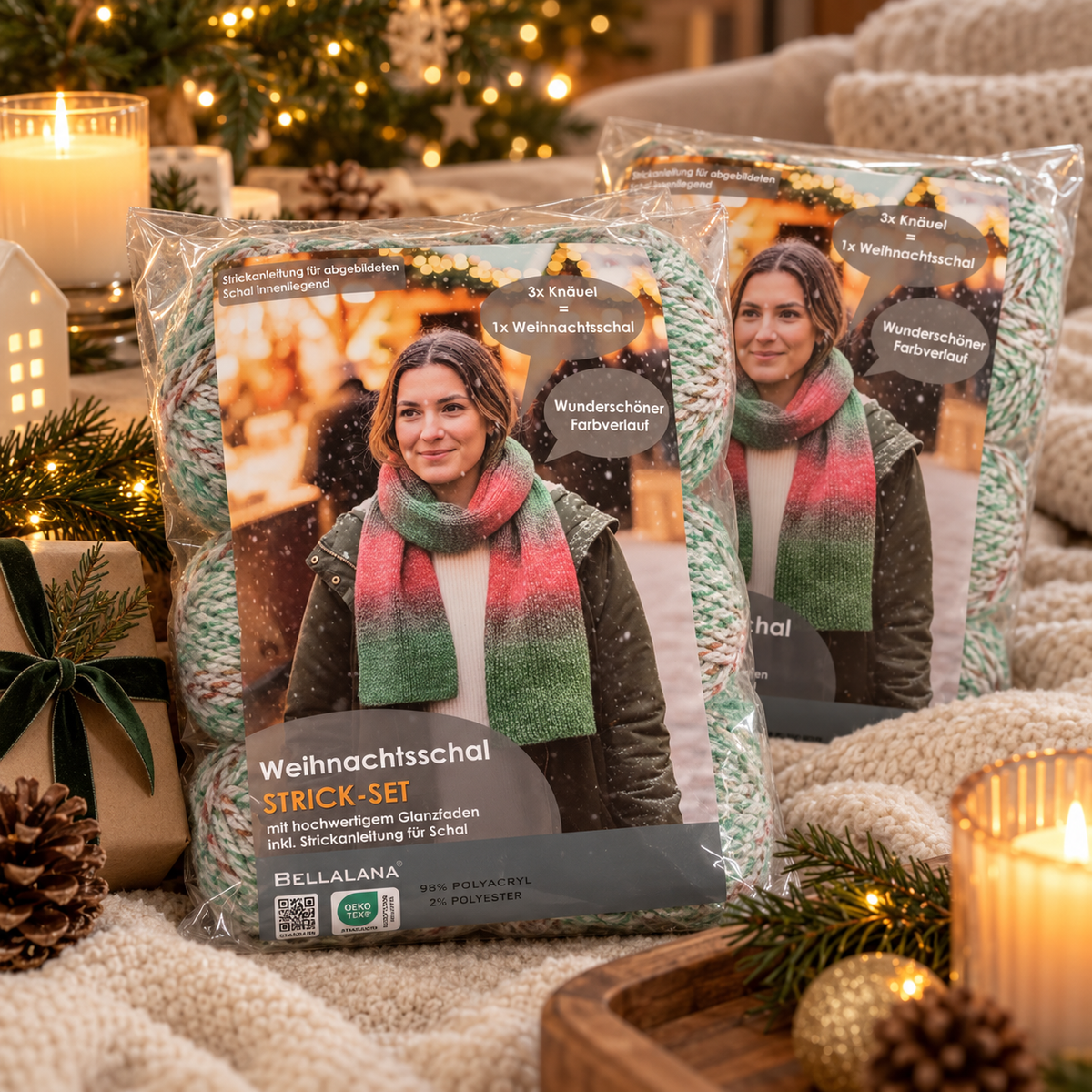 Strick-Set Weihnachtsschal mit Glanzfaden (inkl. Anleitung)